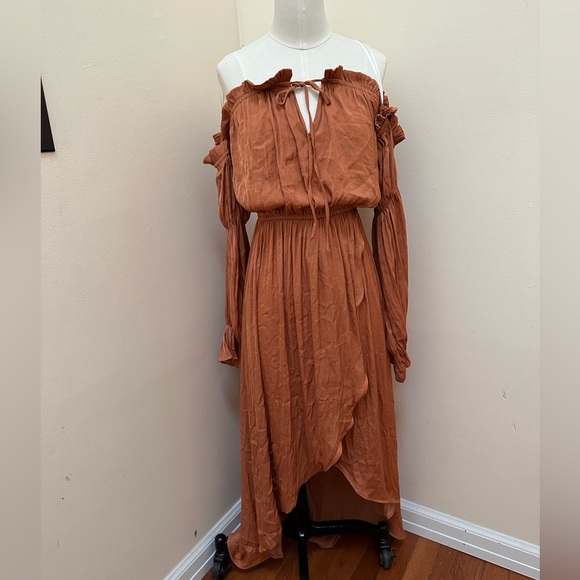 Rustic Burnt Orange High to Low Off Shoulder Dress - Picture 1 of 1
